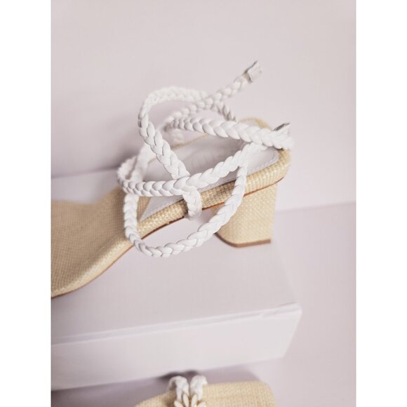 Schutz Hina Daisy Fairy Rafia Floral Lace Up White Block Heels Sandals Shoes 7.5 - Picture 7 of 14